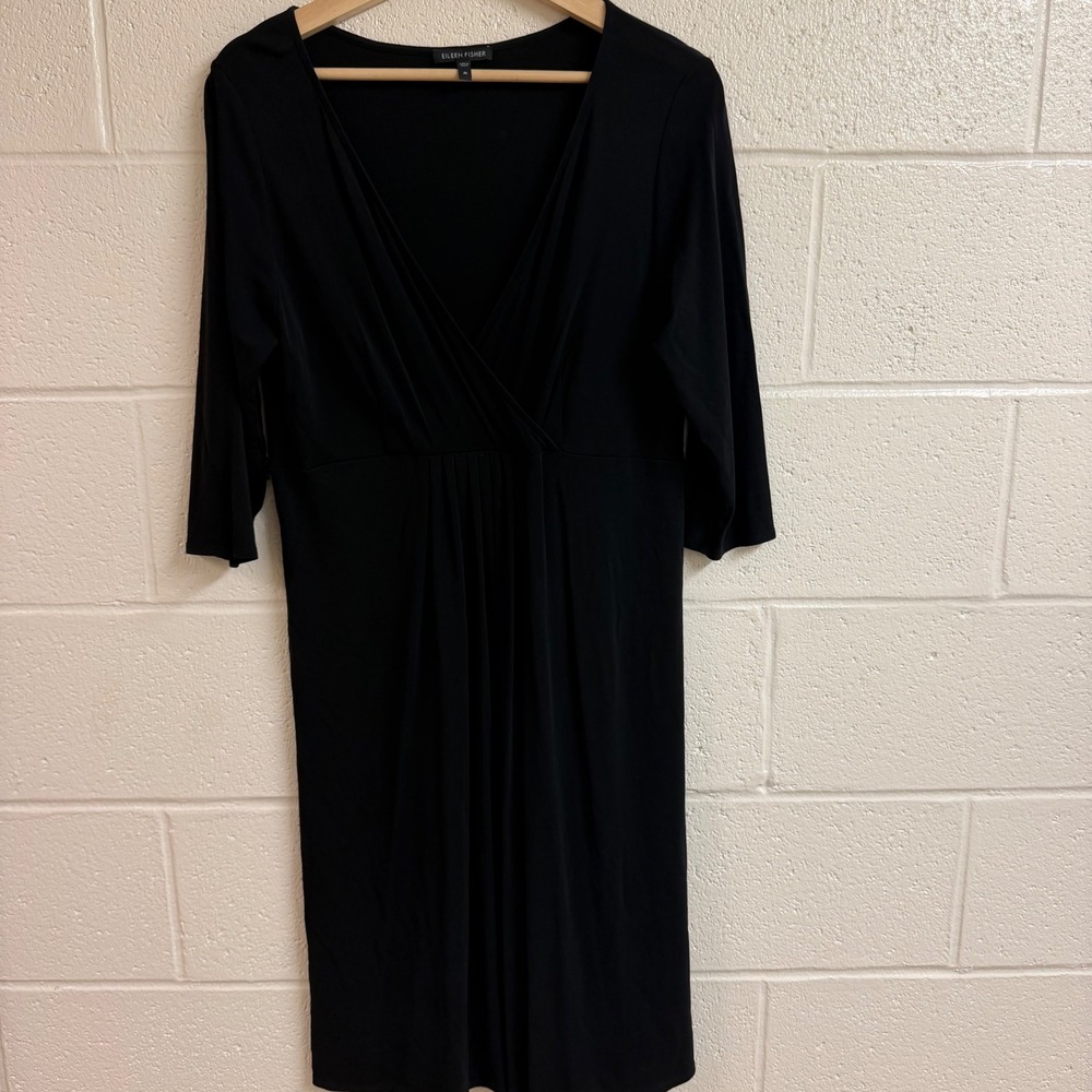 Eileen Fisher Womens Silk Wrap V-Neck Midi Dress Black Luxury Minimalist LBD